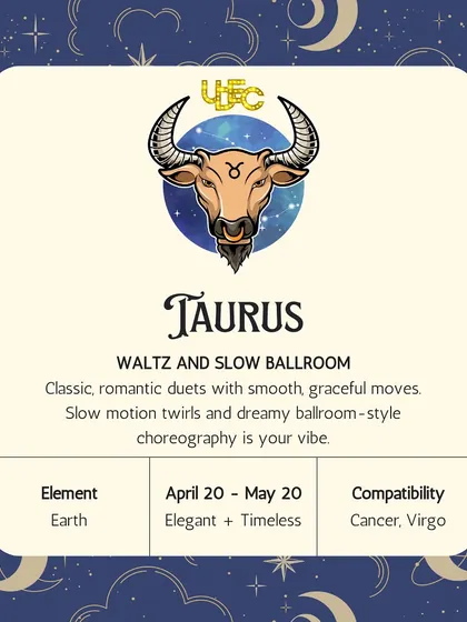 Taurus: Waltz & Slow Ballroom. You're all about classic, romantic duets with smooth, graceful moves. Slow-motion twirls and dreamy choreography are your vibe.