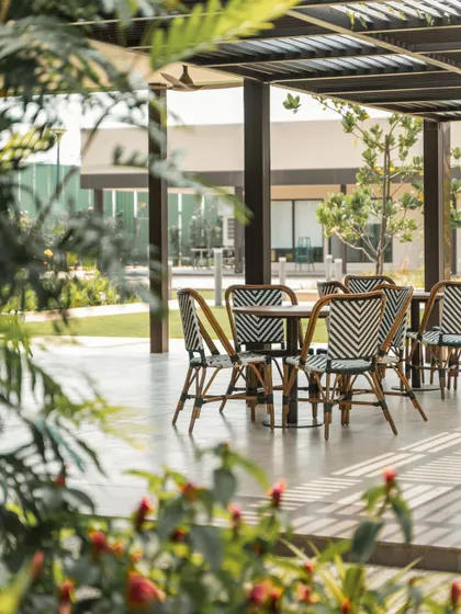 A quiet moment in the shade at the Brigade Valencia office, a perfect example of how we design spaces that are both functional and beautiful.