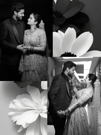 A modern, artistic collage from a reception shoot. I combined classic black and white couple portraits with minimalist floral graphics for a stylish and contemporary look.