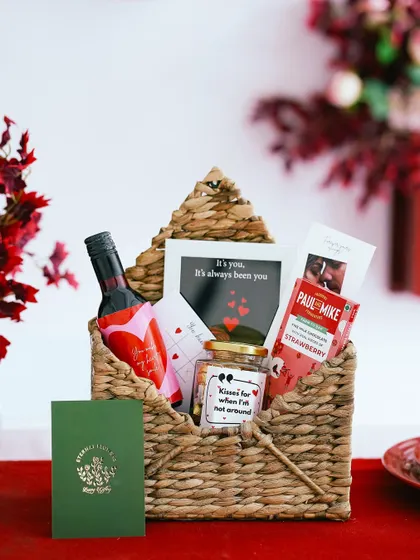 A beautifully styled shot of the 'Be Mine Valentine' hamper, perfect for a romantic evening.