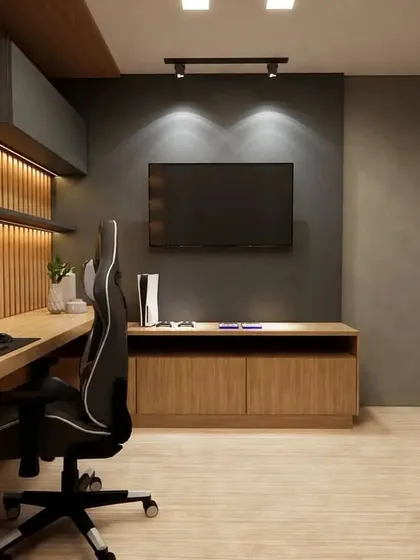 A close-up of the gaming and entertainment setup in the teen's room.