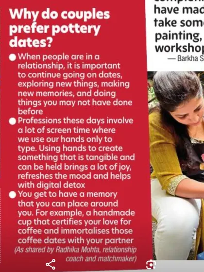 A snippet from my interview about why couples prefer pottery dates. Using your hands to create something provides a great digital detox and helps build lasting memories.