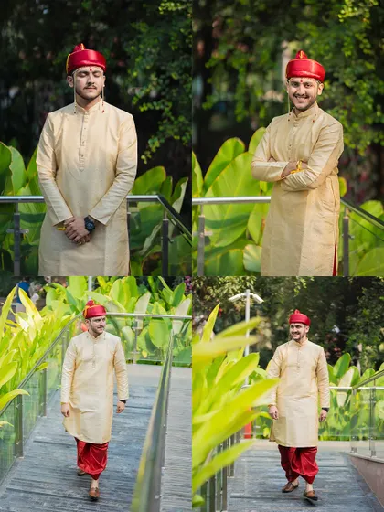 A collage of the groom, Omkar, looking sharp in his traditional Marathi engagement attire. These individual portraits are a great way to showcase his personality and style.