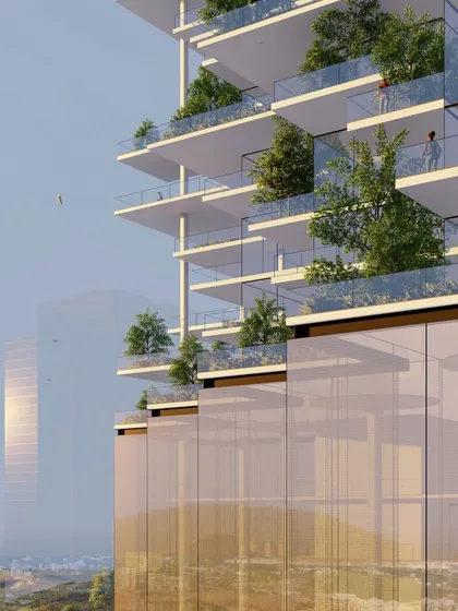 This detailed view of the "Ah! Sky!" facade shows how the private terraces are designed to maximize views and create a sense of openness. The glass balustrades and extensive planting make each balcony feel like a true sky garden.