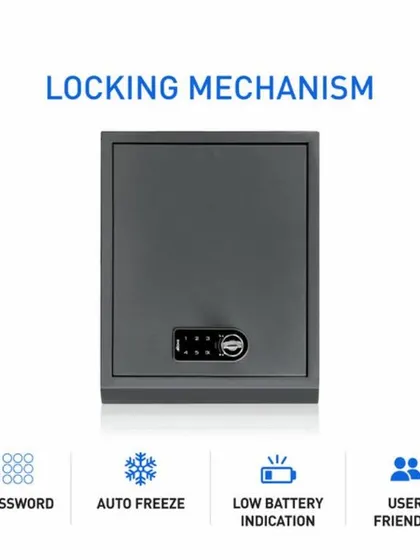 An infographic detailing the locking mechanism of the Ezee+ Personal Safe, which includes password access, auto-freeze, and a low battery indicator.