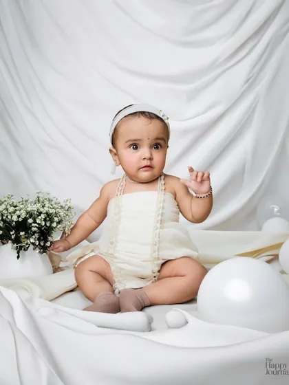 A baby girl in a white outfit surrounded by white props. This monochromatic setup creates a clean, modern, and angelic feel.