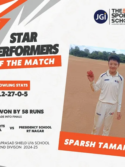 Sparsh Tamang's exceptional bowling spell of 5 wickets for 27 runs was instrumental in our team's victory.