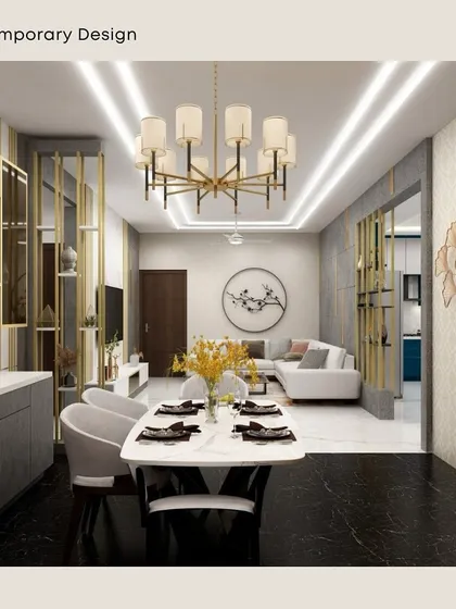This 3D design connects the living and dining areas with a consistent contemporary theme. Gold-accented partitions and a modern chandelier tie the two spaces together beautifully.