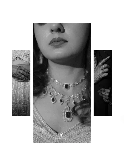 A black and white collage focusing on the details of the bride's reception look: her necklace, her lips, and her henna-stained hands.