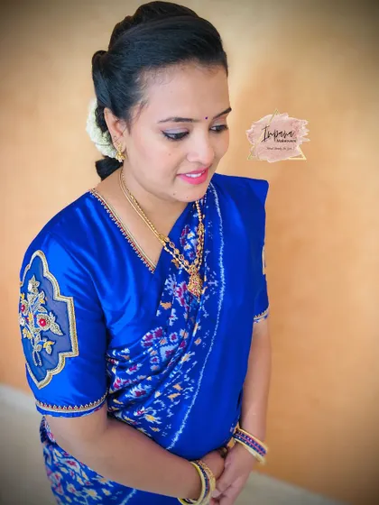 A subtle and soft glam look for this client in a beautiful royal blue saree. The makeup is kept fresh and minimal, perfect for attending a special event.