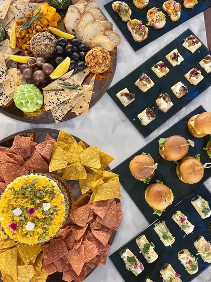 An overhead shot of the appetizer spread, showing the variety and abundance of our catering.