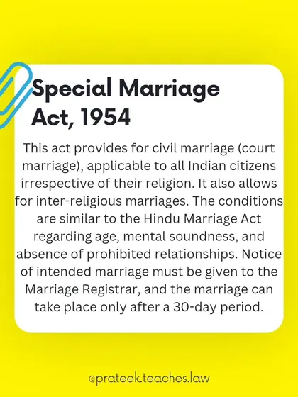 The Special Marriage Act, 1954, allows any Indian citizen to have a civil marriage, irrespective of religion. It is the primary law for inter-religious marriages.