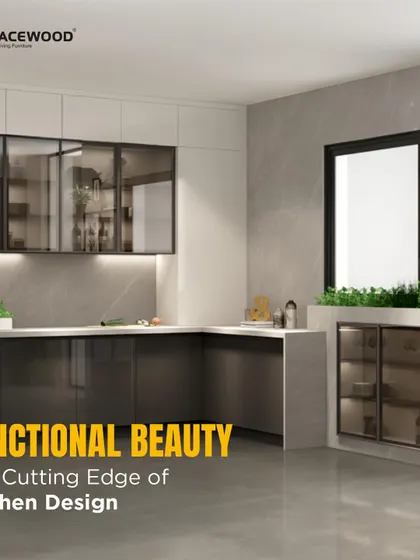 This L-shaped kitchen showcases functional beauty with its cutting-edge design. I used glossy grey lower cabinets and glass-fronted uppers to create a sense of depth, while the layout provides ample counter space and a smooth workflow.
