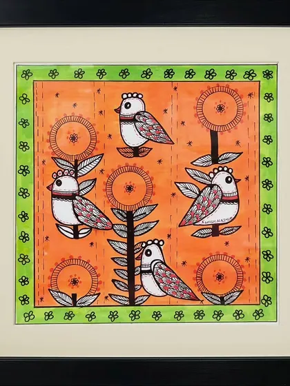 This delightful Madhubani painting by Vrishti shows five small birds perched on stylized flowers. The bright orange background and simple, charming figures create a joyful and decorative piece.