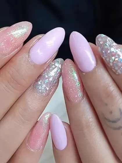 A close-up of the pastel lavender and multi-sized silver glitter combination.