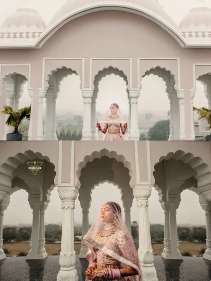 A creative double-exposure style portrait of the bride, blending her image with the beautiful architecture of the venue.