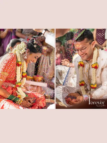 A split-screen image capturing the joy of the 'talambralu' ceremony, where the bride and groom shower each other with rice.