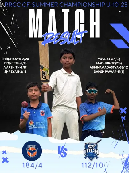Match result poster from the RRCC CF-Summer Championship U-10, showcasing a massive win for our team with strong performances in both batting and bowling.