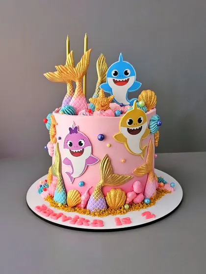 The Baby Shark family! This pink chocolate truffle cake for Anvika's 2nd birthday is an underwater party with the whole shark family and colorful sea shells.
