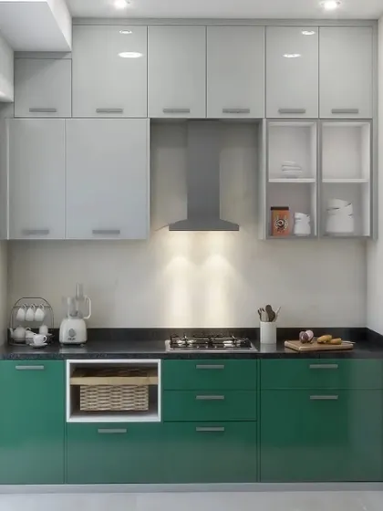 A compact and efficient kitchen design with two-toned cabinets in green and light grey. I included an open basket nook for vegetables and open shelving for easy access to everyday items.