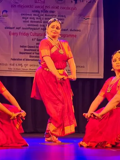 A still from our performance at the ICCR event, capturing the essence of a traditional Bharatanatyam piece. Each dancer's expression contributes to the collective narrative.