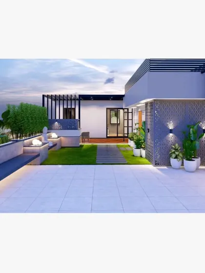 A 3D render of a modern, minimalist terrace with clean lines, a long built-in bench, and integrated planters.