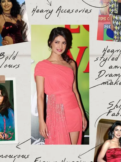 This era was characterized by heavy accessories, bold colors, shiny fabrics, and figure-hugging silhouettes, reflecting the popular early 2000s Bollywood glam.