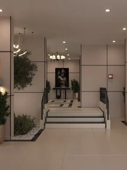 A view from the entrance, showing how we use mirrors to enhance the sense of space. The design is clean and symmetrical, with carefully placed plants and artwork to add warmth and personality.