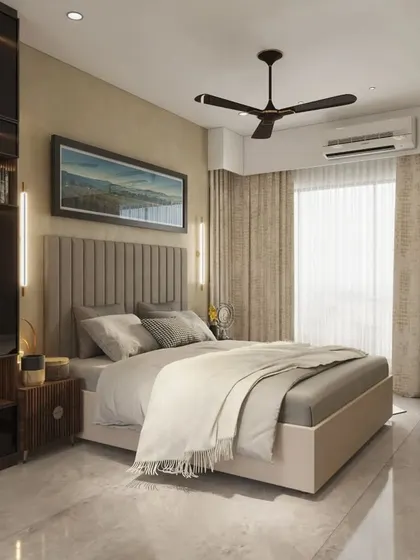 A duplicate of image 229, highlighting a sophisticated bedroom with a dark, glossy wardrobe and a neutral color scheme.