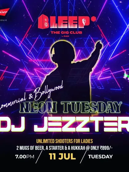 Poster for a "Neon Tuesday" event, where I mix commercial and Bollywood music. These nights are all about glowing visuals and energetic beats.