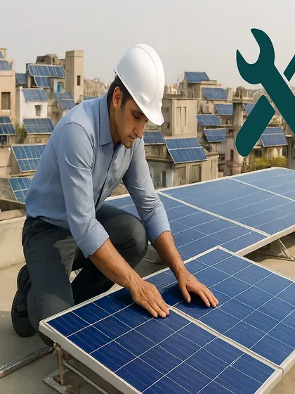A well-maintained solar plant is key to maximizing your energy savings. Here, one of my trained technicians is performing a detailed check on a rooftop system, ensuring every panel is secure, clean, and performing optimally.