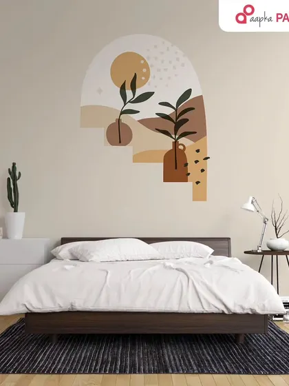 This bedroom features a trendy Boho arch mural with abstract shapes and botanical elements. The earthy tones create a warm, calming, and stylish focal point.