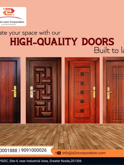 A showcase of four different high-quality door designs, each with a unique pattern and wood-style finish. This collection highlights our ability to cater to diverse tastes, from simple linear designs to more complex geometric arrangements.