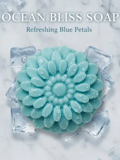 The full view of my Ocean Bliss soap. The design is inspired by a flower, and the scent is inspired by the ocean. It’s a refreshing bar for daily use.