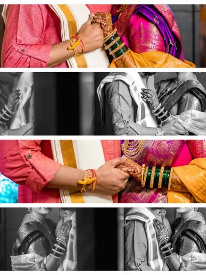A creative collage focusing on the couple holding hands, with a mix of color and black and white images to create a timeless feel.