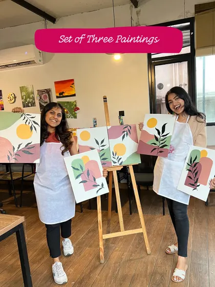 Not your typical art class. This image showcases the variety of art we create, from minimalist sets of three to joint canvas paintings. There's a vibe for everyone.