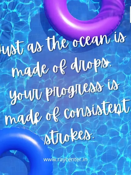 A motivational quote comparing consistent strokes to the drops that make up an ocean.