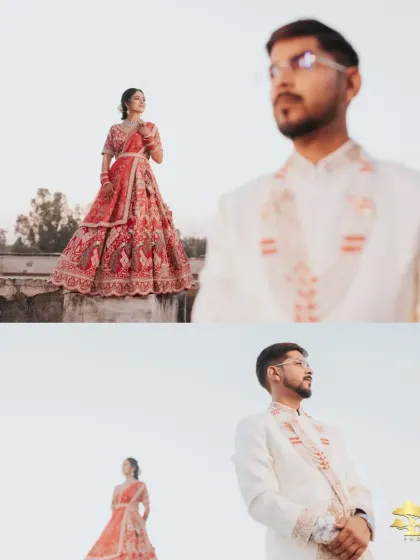 An artistic shot with the bride in the foreground and the groom in the background, creating a sense of depth and story.