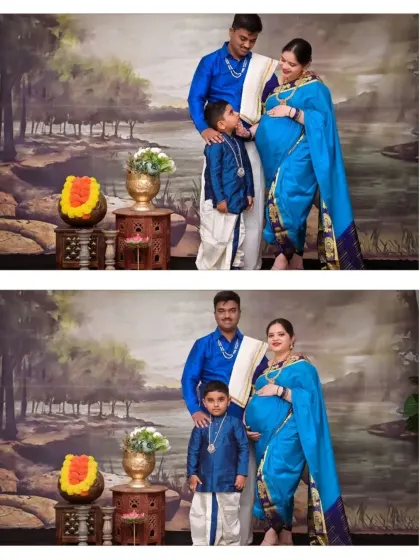 A complete family portrait in our Ravi Varma theme. It’s wonderful to see the whole family dressed in coordinated traditional attire, celebrating the upcoming arrival of their new member.