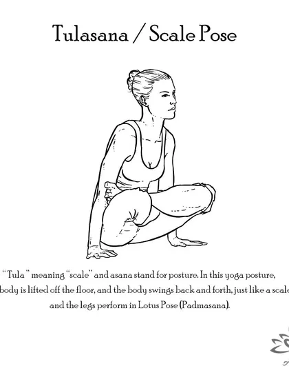Tulasana (Scale Pose) is an arm-balancing pose that strengthens the wrists, arms, and abdomen while improving concentration and body awareness.