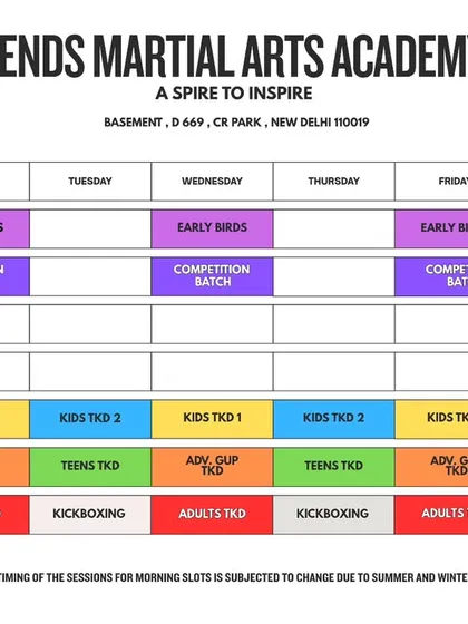 This is our weekly class schedule. We offer a variety of batches to suit different ages and skill levels, including early morning sessions, kids and teens classes, and dedicated competition batches.