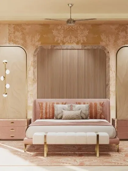 A 3D render of a luxurious yet warm parents' bedroom, showcasing a concept that uses salmon pink, brass, and birch veneer. Renders help our clients visualize the space before we begin building.