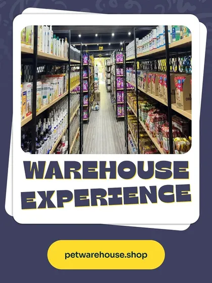 Welcome to the warehouse experience. This photo shows our clean, organized aisles filled with a wide selection of pet food, health supplements, and more.