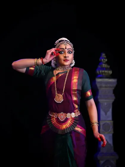 A moment of storytelling from the Antaranga festival, where I use abhinaya to narrate a tale about Lord Shiva. The expression is key to conveying the story's essence.
