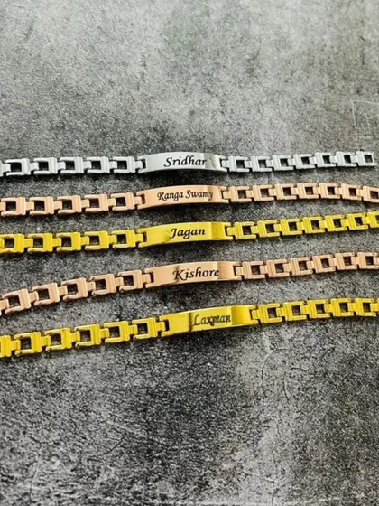 A collection of my metal link bracelets that can be personalized with names, available in silver, rose gold, and gold finishes.