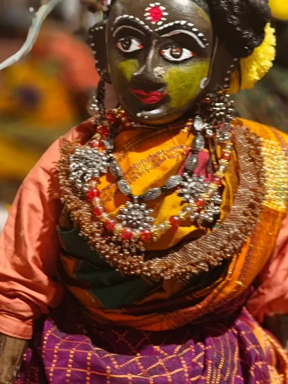 This is a close-up of a puppet representing the tribals of Malwa, getting ready for a performance. The detailed painting, jewellery, and costume reflect our commitment to representing different cultural styles with authenticity and respect.