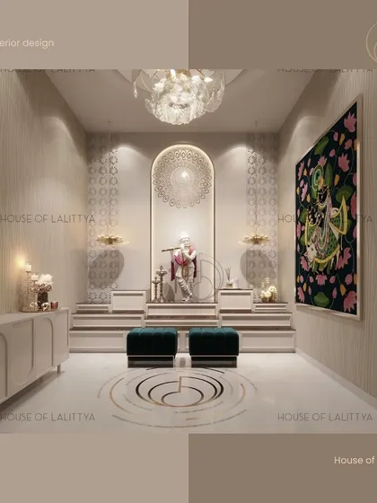 A serene and elegant pooja room, adorned with intricately designed deities and a beautiful chandelier. The design creates a tranquil ambiance perfect for meditation and worship, making it a peaceful retreat within the home.