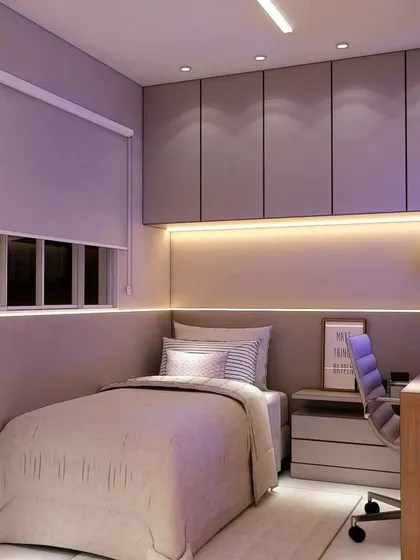 A compact bedroom and study combination. The design includes a bed, a desk, and extensive overhead storage, making it perfect for a student or a small guest room with a workspace.