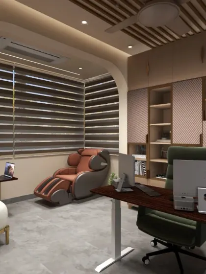A complete view of a multi-functional office space, showing the seamless integration of the work desk, storage units, and a relaxation corner with a massage chair. The design ensures that every square foot is utilized effectively for both work and well-being.