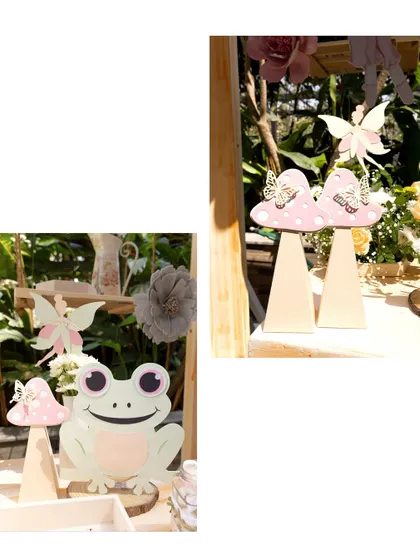 More charming details from our fairy party, including a friendly frog prince and delicate mushroom props with butterfly accents.